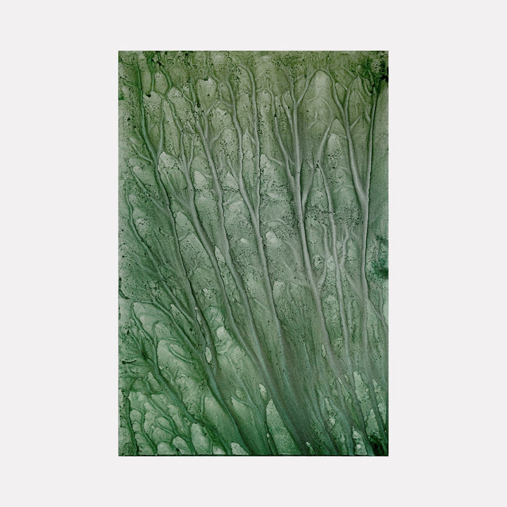 The artwork 'Biophilia 1' by George Stanojevic features organic, flowing patterns in various shades of forest green, resembling natural tree formations or river deltas. Created using pigments and environmental elements on canvas, the piece displays intricate branching patterns with delicate textures reminiscent of botanical structures.