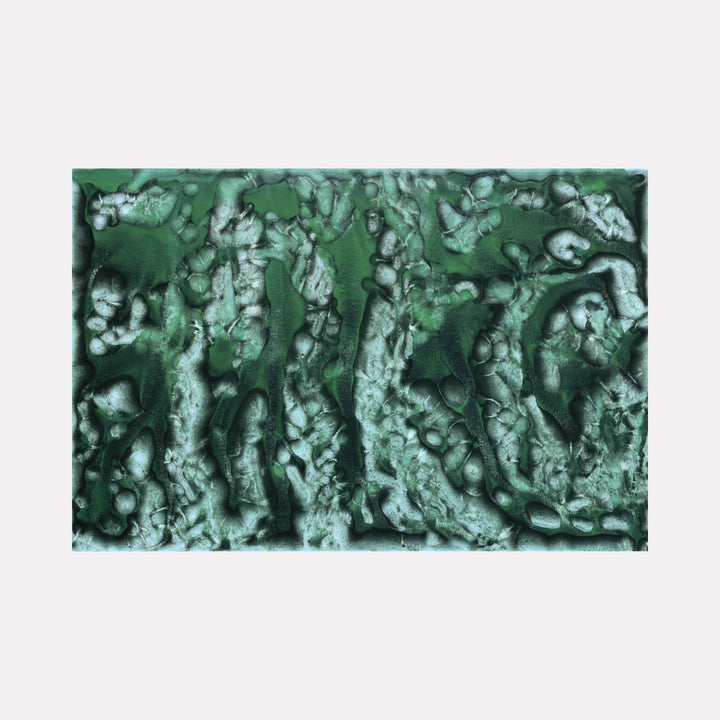 The artwork 'Biophilia 2' by George Stanojevic features an abstract composition in rich emerald green tones with organic, fluid textures. Natural erosion patterns create a marbled effect, with light and dark contrasts resembling topographical landscapes. The surface shows dynamic interplay between pigments and natural elements, creating depth and movement across the canvas.