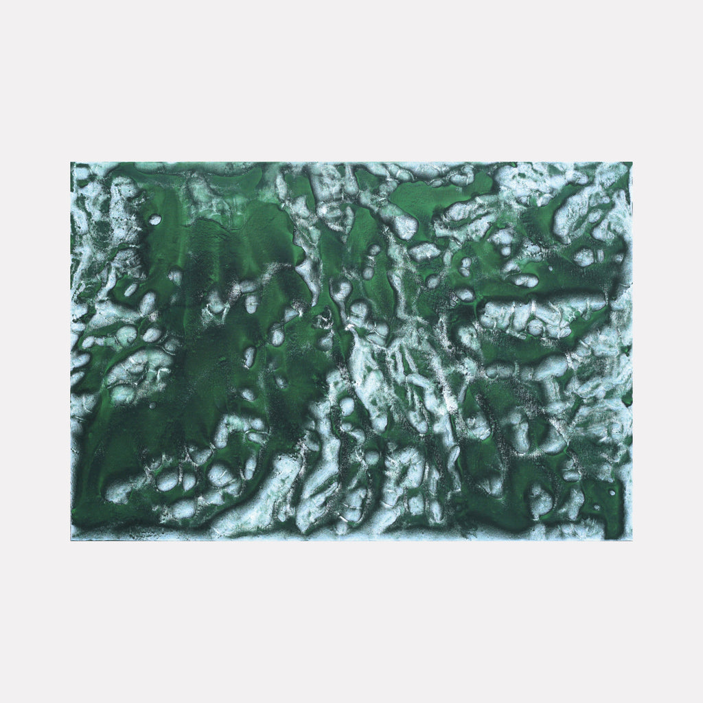 The artwork 'Biophilia 3' by George Stanojevic features an abstract organic composition with rich emerald green tones interweaving with silvery white streaks, creating a dynamic topographical pattern. The textural elements suggest natural formations, with fluid movements resembling aerial views of landscapes, achieved through the interaction of pigments and environmental elements on canvas.