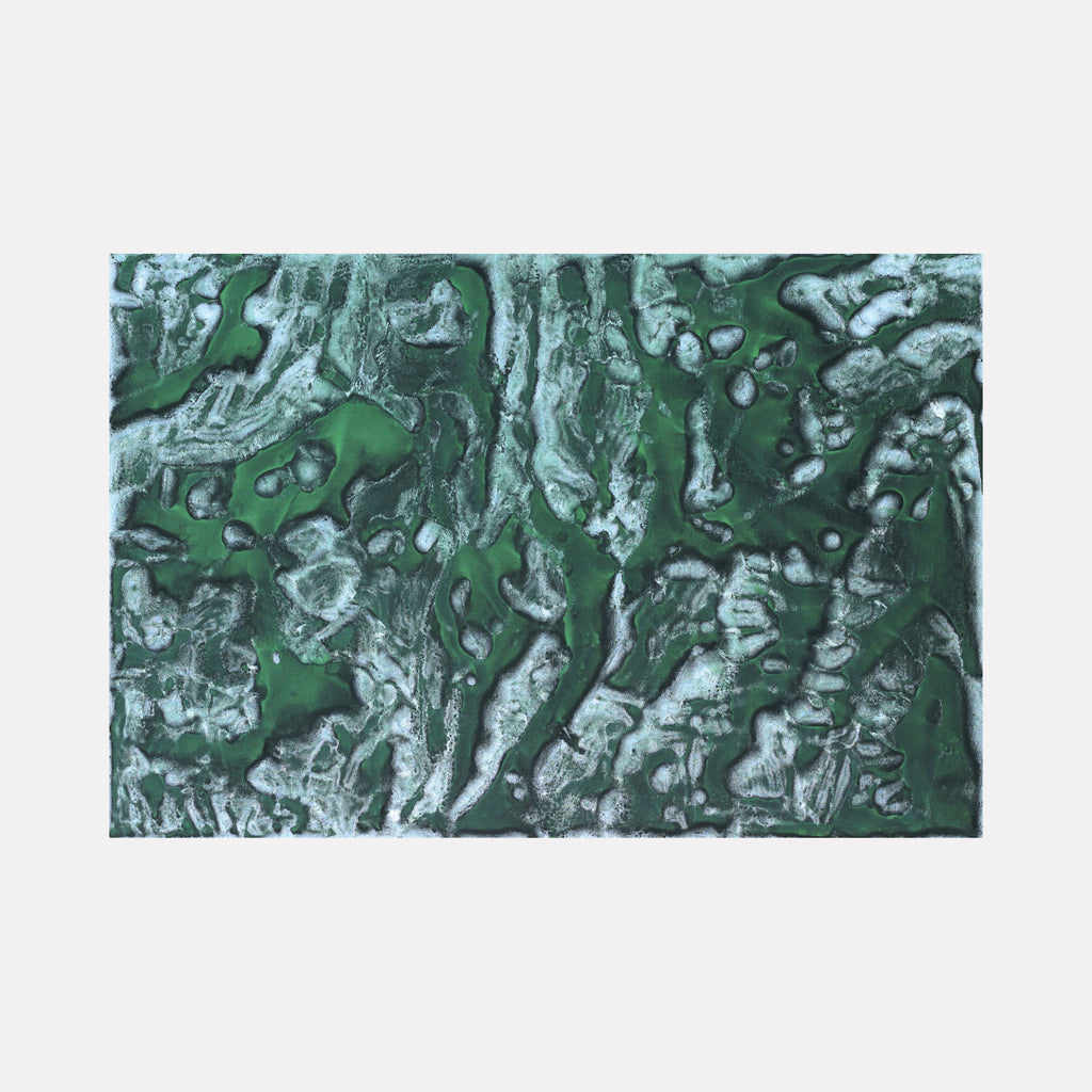 The artwork 'Biophilia 4' by George Stanojevic features fluid, abstract patterns in deep emerald green and silvery white, creating a marbled effect reminiscent of natural geological formations. The organic swirls and textures appear to flow across the canvas, achieved through the interaction of pigments with natural elements, producing a dynamic topographical composition.