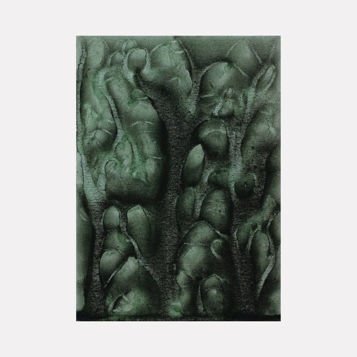 The artwork 'Biophilia 6' by George Stanojevic features abstract organic forms in deep forest greens, creating a textural landscape of flowing, undulating shapes reminiscent of underwater vegetation. Natural elements interact with pigments on canvas, producing mysterious shadowy depths and ethereal highlights that evoke a primordial environment.