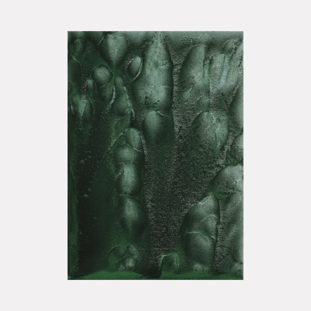 The artwork 'Biophilia 7' by George Stanojevic features an ethereal abstract composition in deep forest greens, showcasing organic textural elements created through natural processes. The canvas displays a mystical interplay of light and shadow, with bubble-like formations and flowing patterns emerging from the interaction of pigments, water, and sunlight.