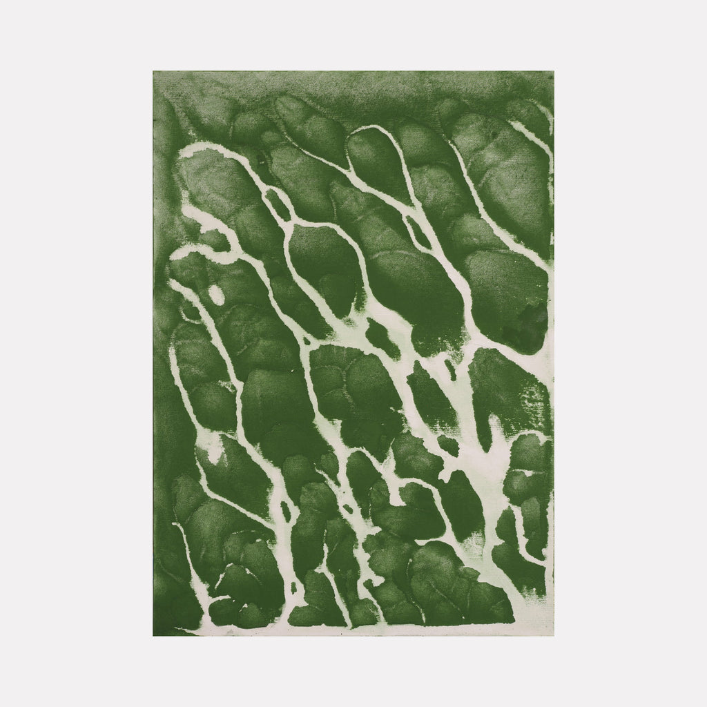 The artwork 'Biophilia 10' by George Stanojevic features organic white branching patterns against a deep forest green background, resembling natural veining or root systems. The abstract composition, created through pigment and environmental elements on canvas, displays a striking contrast of textures and fluid, naturalistic forms.