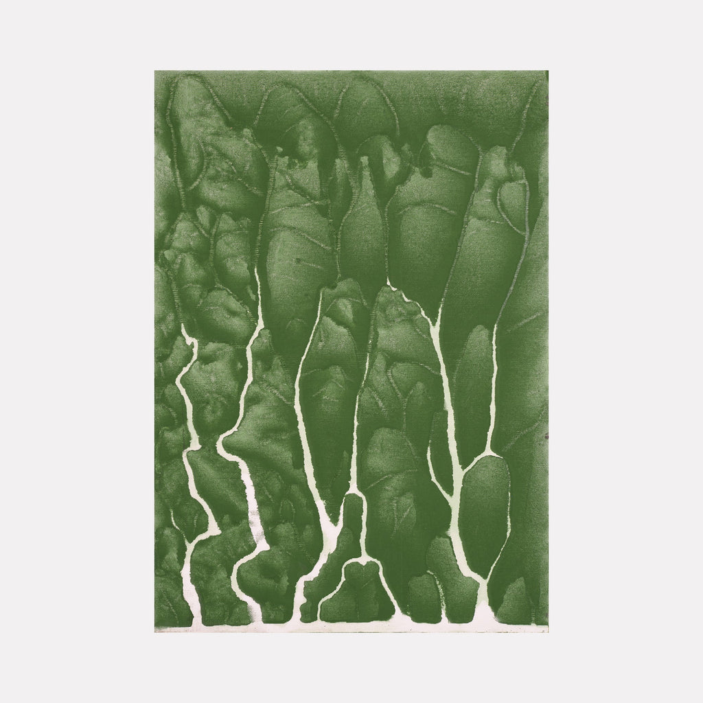 The artwork 'Biophilia 11' by George Stanojevic features vertical flowing lines in rich forest green tones, creating an organic pattern reminiscent of natural vegetation. White negative spaces weave through the textured surface, suggesting roots or botanical forms, achieved through the unique interaction of pigments, water, and sunlight on canvas.