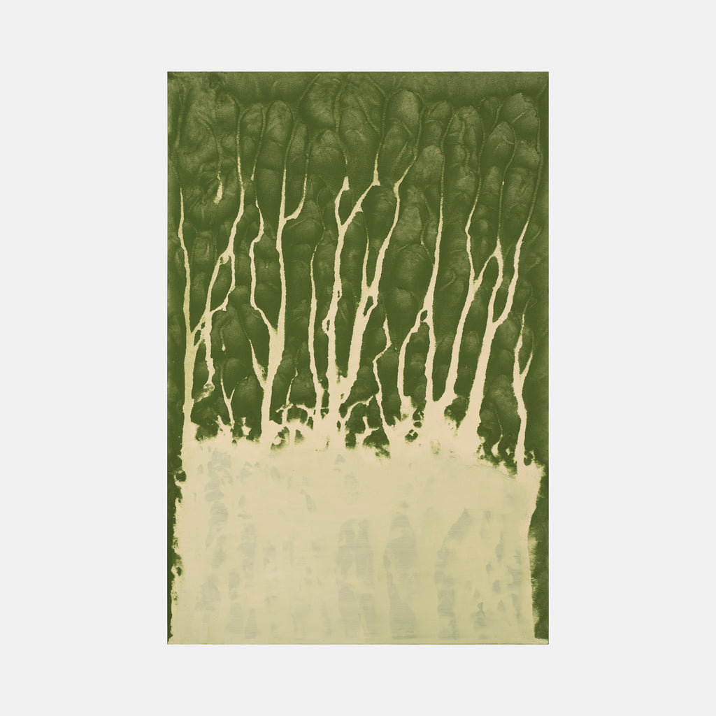 The artwork 'Biophilia 12' by George Stanojevic features organic vertical streaks in cream white rising against a deep forest green background, creating a natural pattern reminiscent of growing stems or rain trails. The abstract composition demonstrates the interplay of natural elements on canvas, with textural variations and fluid transitions between colors.