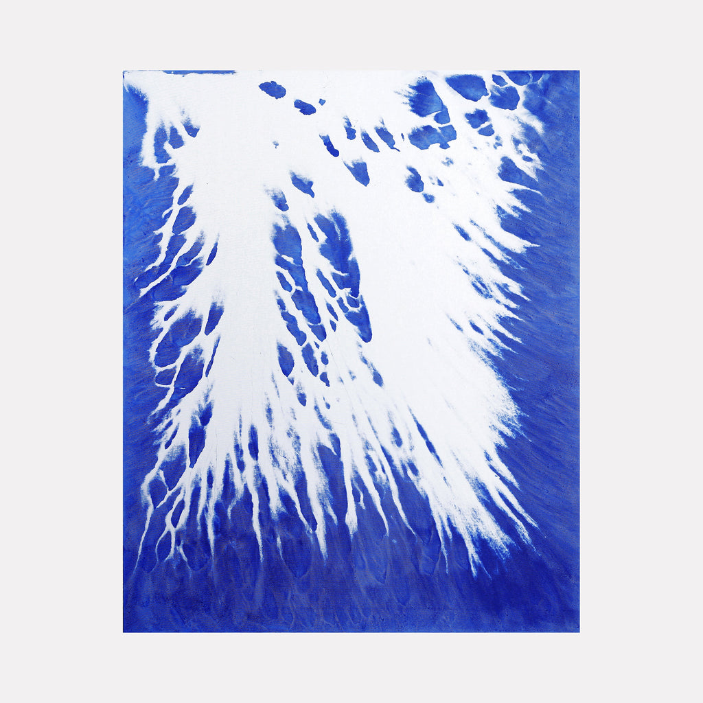 The artwork 'Biophilia 16' by George Stanojevic features dramatic splashes and tendrils of white paint radiating outward against a deep cobalt blue background, creating an organic pattern reminiscent of lightning strikes or tree roots. The natural flow of pigments showcases the influence of water and sunlight on canvas, producing ethereal abstract patterns.