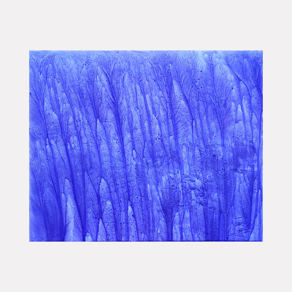 The artwork 'Biophilia 17' by George Stanojevic features vibrant electric blue vertical streaks created through natural elements, resembling an abstract forest or rain pattern. The texture shows organic flowing lines with varying intensities of blue, enhanced by water and sunlight effects on canvas, creating a mesmerizing natural pattern.