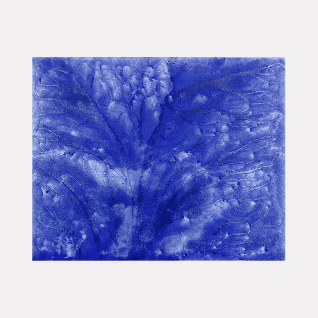 The artwork 'Biophilia 18' by George Stanojevic features vibrant cobalt blue abstract patterns resembling organic forms, with fluid brushstrokes creating a tree-like structure. Textural elements emerge through the interplay of pigment and medium, showcasing natural influences of water and sunlight on canvas, creating a dynamic and ethereal composition.