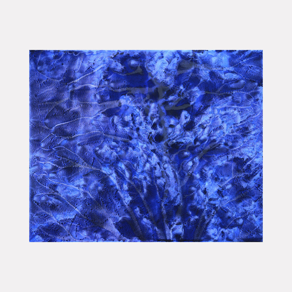 The artwork 'Biophilia 19' by George Stanojevic features vibrant electric blue abstract patterns with organic flowing textures reminiscent of ocean currents or celestial nebulae. Deep indigo shadows create dynamic movement across the canvas, while lighter azure highlights form intricate, wave-like structures that appear naturally weathered by environmental elements.