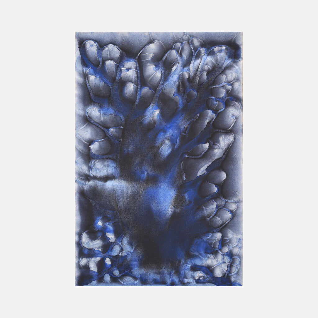 The artwork 'Biophilia 20' by George Stanojevic features abstract organic forms in deep midnight blues and silvery grays, resembling coral-like structures emerging from a dark background. Natural pigments and environmental elements create textural patterns that suggest underwater movement, with ethereal light effects dancing through the composition.