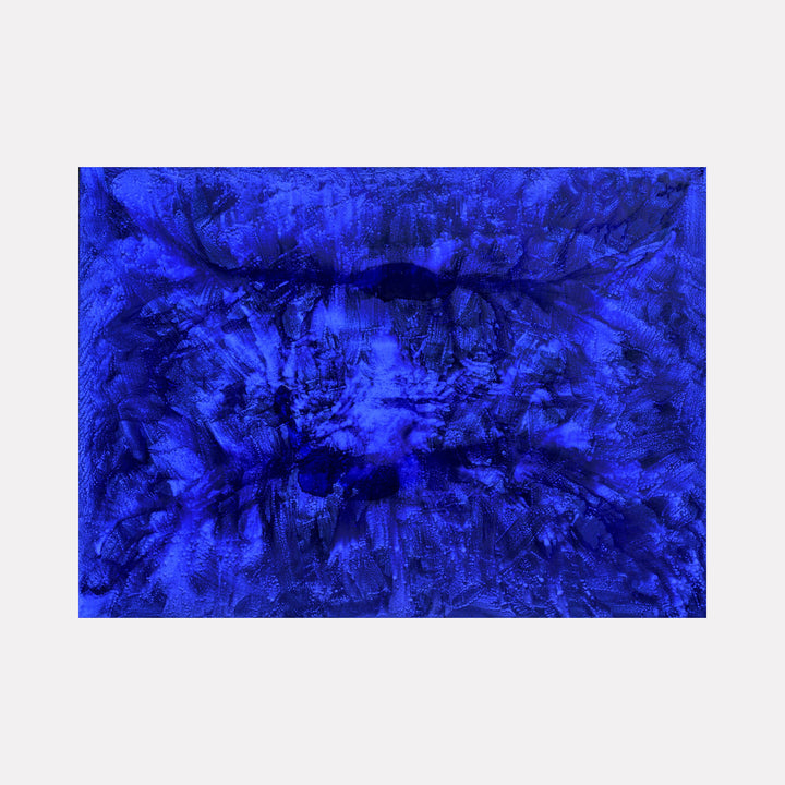 The artwork 'Biophilia 22' by George Stanojevic features intense electric blue hues with textural depth created through organic patterns. Abstract brushstrokes and natural weathering effects create a dynamic surface resembling deep ocean currents or celestial phenomena. Dark shadows and lighter highlights add dimensional complexity to the pigment-rich canvas.