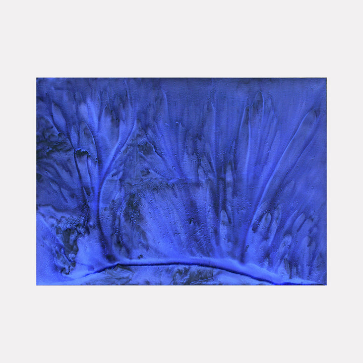 Biophilia 23 by George Stanojevic features abstract organic patterns in vibrant electric blue hues, resembling flowing water or natural formations. The textured canvas displays dynamic vertical streaks and subtle darker ripples, created through the interplay of pigments and natural elements, capturing a fluid, ethereal quality.