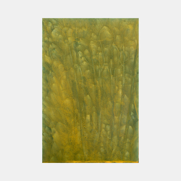 The artwork 'Biophilia 32' by George Stanojevic features a textural abstract composition in olive green and golden yellow hues, reminiscent of tall grass or natural vegetation. Vertical brushstrokes create a rhythmic pattern across the canvas, with organic forms blending and merging, showcasing the natural influence of environmental elements on the pigments.