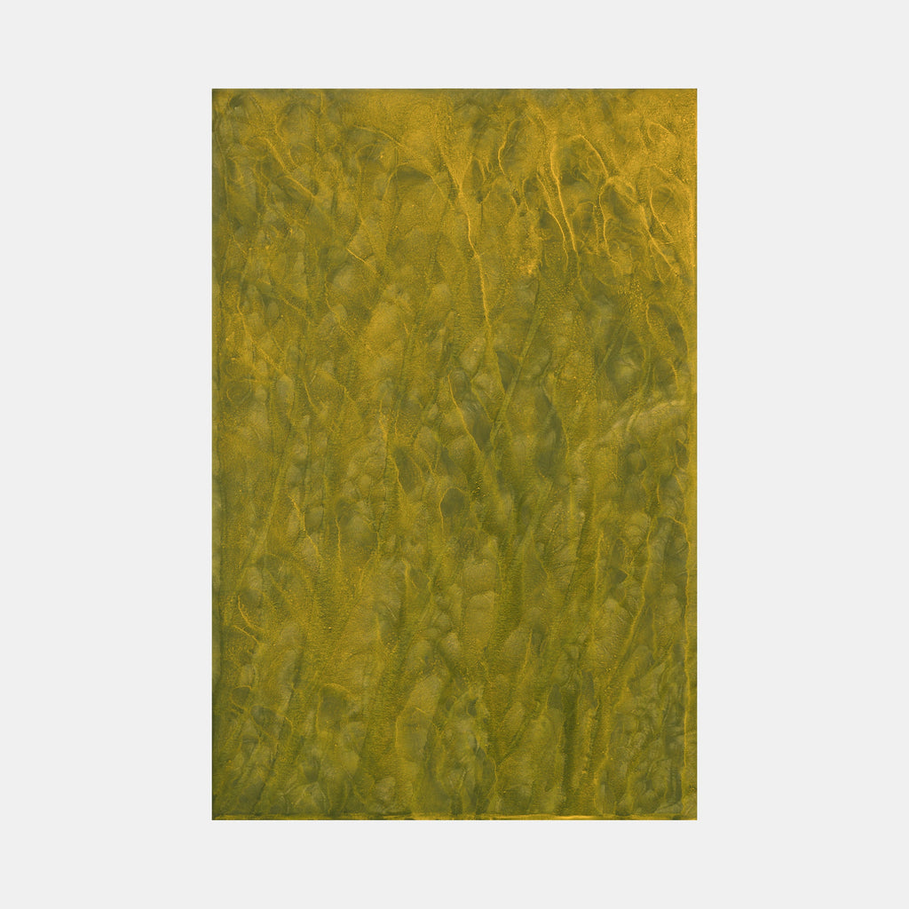 The artwork 'Biophilia 33' by George Stanojevic features organic textures in olive and golden hues, creating a natural, rippling effect across the canvas. The abstract composition shows fluid, wavelike patterns reminiscent of wind-swept grass or water reflections, achieved through the interplay of pigments and environmental elements on canvas.