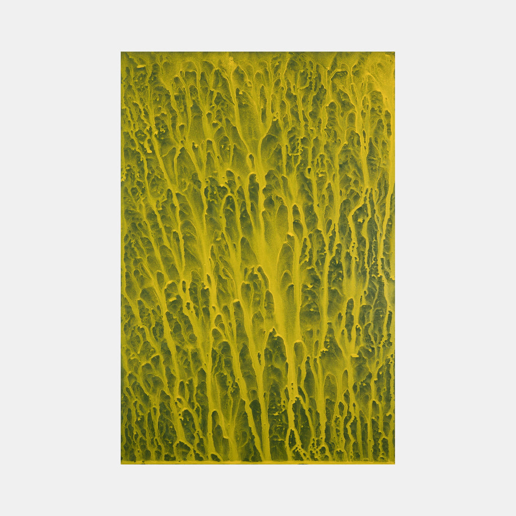 The artwork 'Biophilia 35' by George Stanojevic features a mesmerizing abstract pattern of vertical chartreuse streaks cascading downward, creating an organic texture reminiscent of forest lichen or natural water patterns. The vibrant yellow-green pigments blend with darker undertones, showcasing the natural influence of environmental elements on canvas.