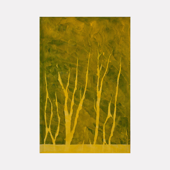 Biophilia 36 by George Stanojevic features ethereal golden tree silhouettes against a rich olive background, created through natural elements on canvas. Slender branches reach upward in a minimalist style, showcasing organic forms and textural depth achieved through pigments and environmental influences.