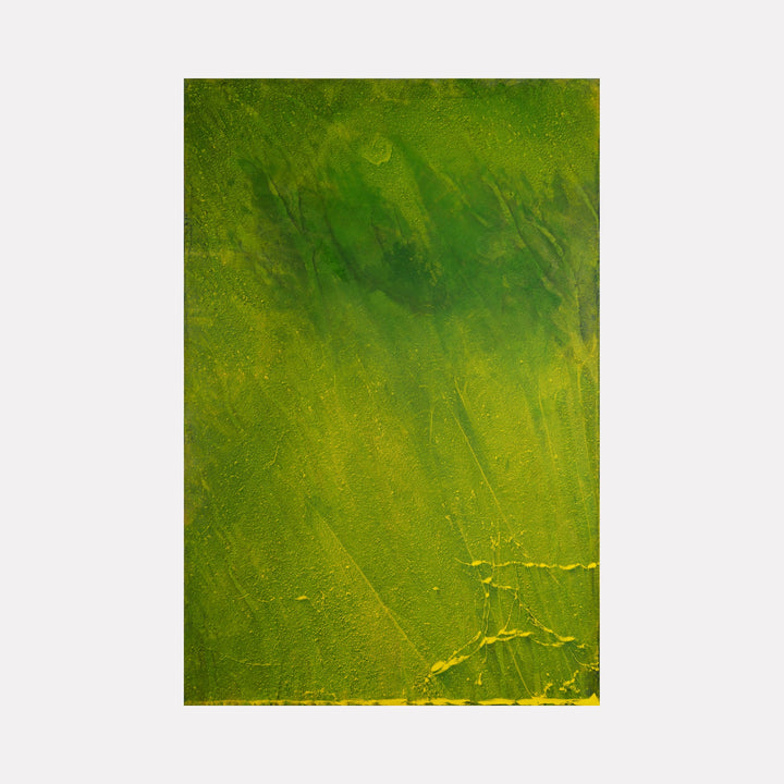 The artwork 'Biophilia 37' by George Stanojevic features a vibrant abstract composition in varying shades of lime and forest green. The textured canvas displays organic patterns created through natural elements, with subtle gradients and dynamic brushstrokes. Yellow-green highlights emerge from deeper emerald tones, showcasing the unique interplay of pigments, water, and sunlight on the canvas.