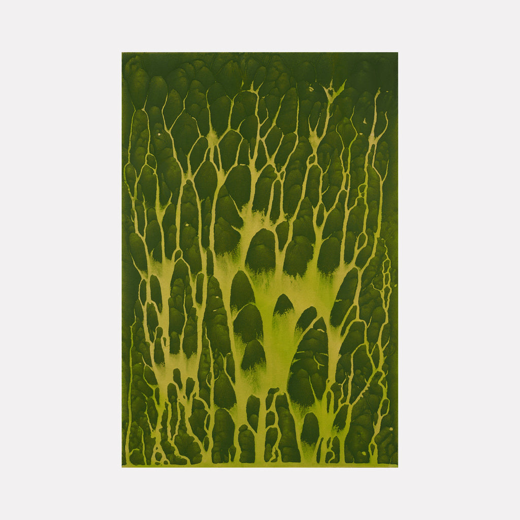 The artwork 'Biophilia 38' by George Stanojevic features organic branching patterns in luminous yellow against a deep forest green background, resembling ethereal tree branches or neural networks. The natural flow creates a mesmerizing vertical composition, with delicate tendrils spreading upward like botanical synapses, achieved through unique pigment interaction with natural elements.