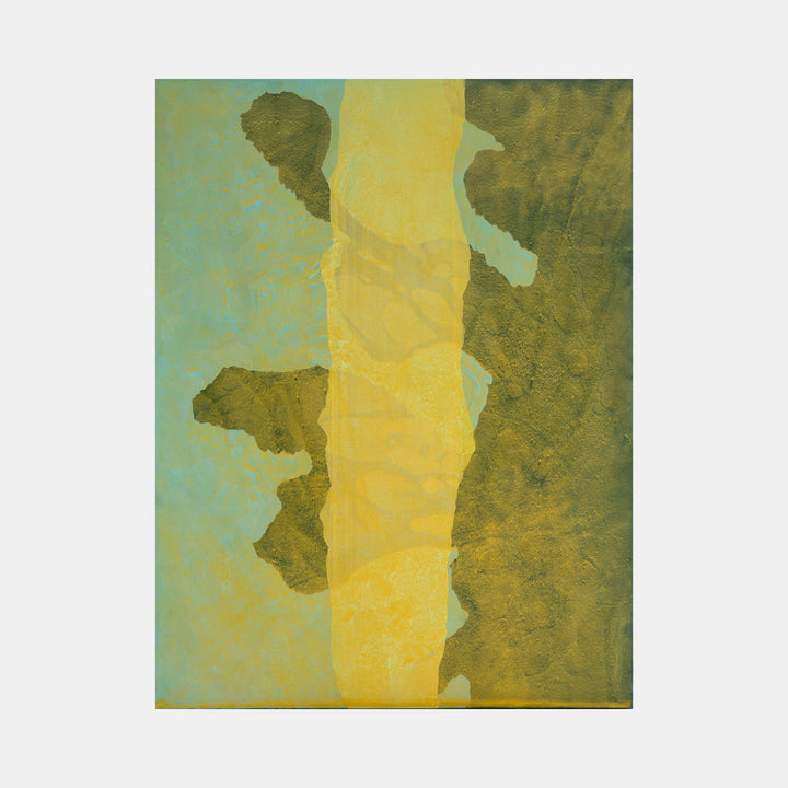 The artwork 'Biophilia 39' by George Stanojevic features abstract vertical bands of color, with a luminous yellow stripe dividing turquoise and olive-green sections. The textured canvas showcases organic, irregular shapes reminiscent of eroded landscapes, created through the natural interaction of pigments, water, and sunlight on canvas.