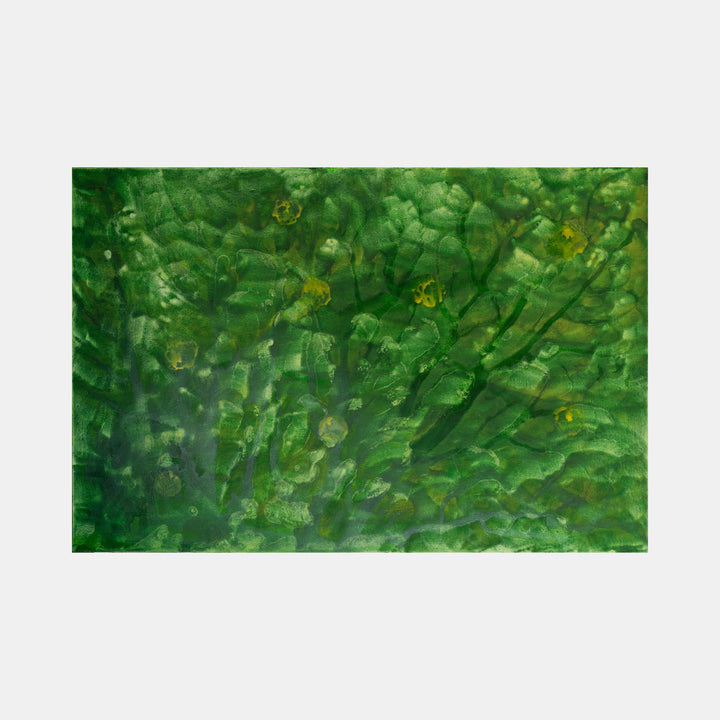 The artwork 'Biophilia 41' by George Stanojevic features a vibrant abstract composition dominated by lush emerald green tones. Organic textures reminiscent of underwater flora create a dynamic surface, with subtle golden highlights scattered throughout. The natural pigments and mediums interact to form layered, translucent effects suggesting botanical patterns.