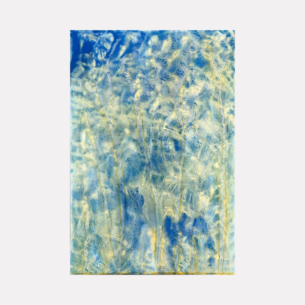 The artwork 'Biophilia 43' by George Stanojevic features ethereal abstract patterns in vibrant azure blues and soft yellow hues, creating a watercolor-like effect. Natural textures and organic movements evoke underwater scenes, with light filtering through layers of pigment. The experimental technique showcases the interplay of sunlight and water on canvas. By George Stanojevic.