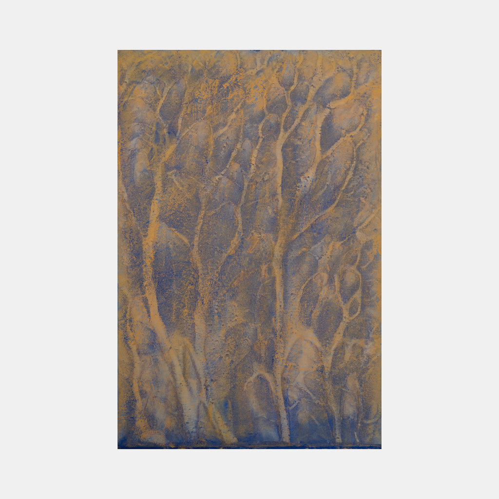 The artwork 'Biophilia 44' by George Stanojevic features ethereal vertical patterns reminiscent of tree forms in muted gold and blue tones. Natural elements create organic textures through the interaction of pigments, water, and sunlight on canvas, producing a dreamlike forest-like composition with flowing, abstract patterns that evoke a mystical woodland atmosphere.