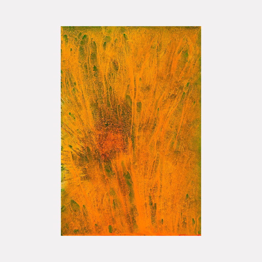 The artwork 'Biophilia 45' by George Stanojevic features a vibrant abstract composition dominated by intense orange hues with dynamic green streaks. Natural elements create expressive vertical patterns resembling organic movement, while textural variations suggest environmental influences. The artwork exhibits a raw, elemental quality through its use of pigments and natural mediums on canvas by George Stanojevic.