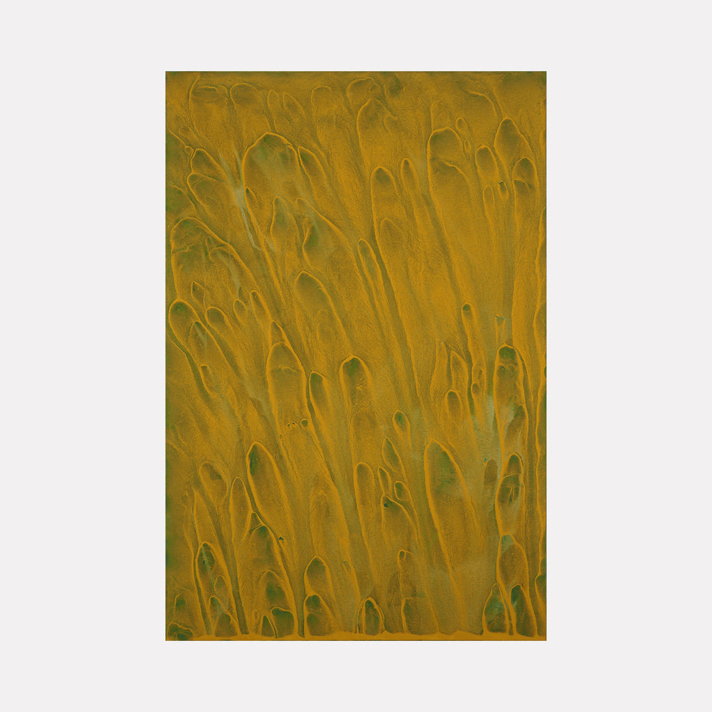 The artwork 'Biophilia 46' by George Stanojevic features flowing organic patterns in rich golden ochre tones with deep green undertones. Abstract textural elements resemble elongated natural forms, creating a dynamic vertical movement across the canvas. The pigments interact naturally with environmental elements, producing unique textural variations and depth.