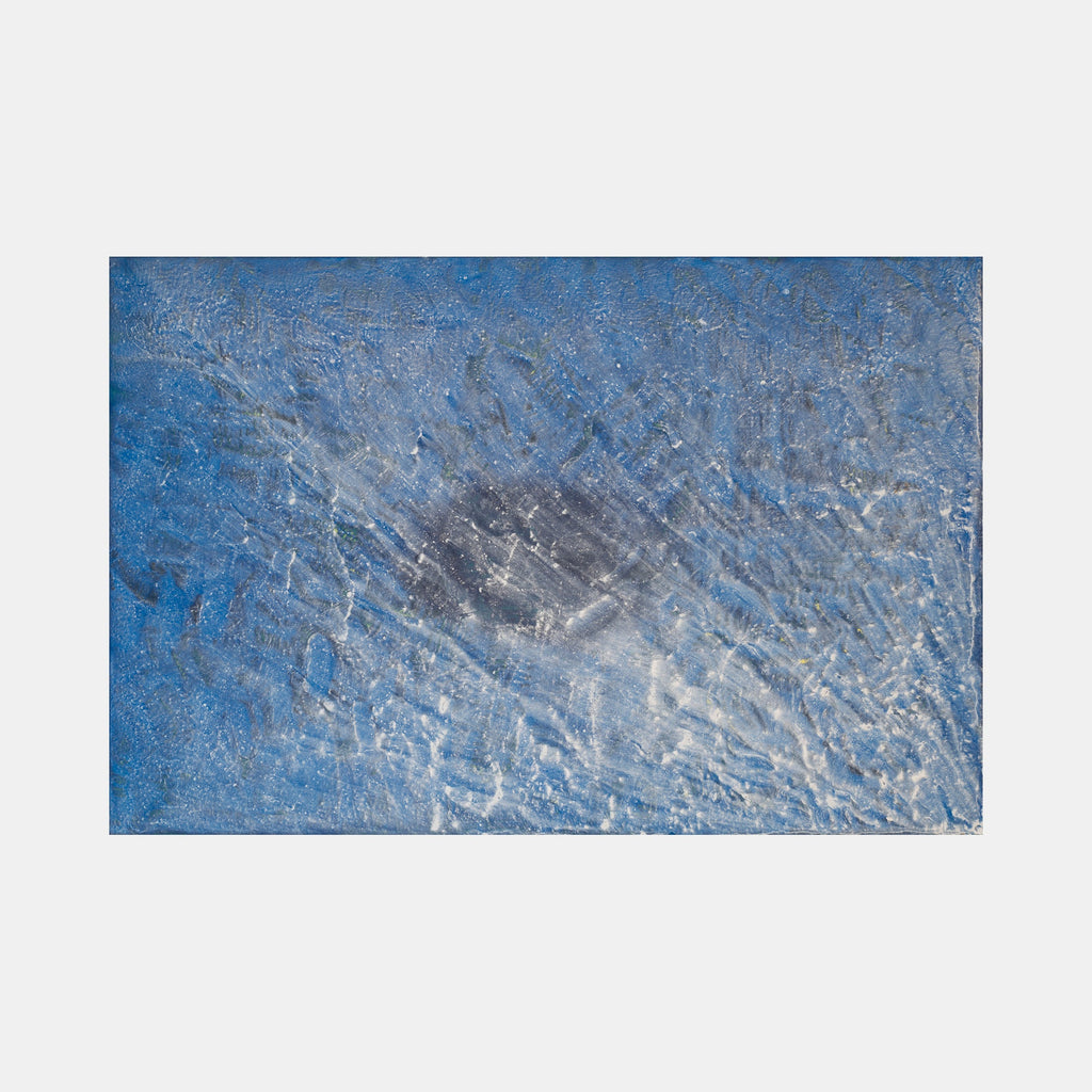 The artwork 'Biophilia 49' by George Stanojevic features a dynamic abstract composition with textured brushstrokes in varying shades of blue and silver. The canvas reveals intense diagonal movements, creating a sense of motion and depth through layered pigments. Natural elements have influenced the organic, weathered appearance, resulting in a striking interplay of light and shadow.