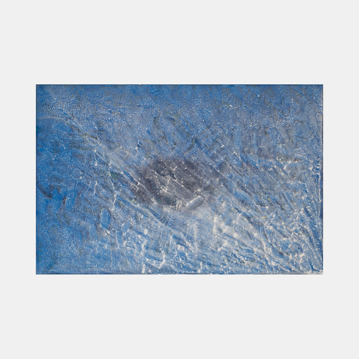 The artwork 'Biophilia 49' by George Stanojevic features a dynamic abstract composition with textured brushstrokes in varying shades of blue and silver. The canvas reveals intense diagonal movements, creating a sense of motion and depth through layered pigments. Natural elements have influenced the organic, weathered appearance, resulting in a striking interplay of light and shadow.