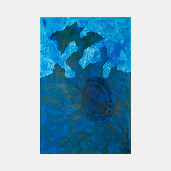 The artwork 'Biophilia 50' by George Stanojevic features abstract organic shapes in deep ocean blues, creating a textured underwater landscape. Dark teal forms float against vibrant azure backgrounds, with watercolor-like effects and natural patinas achieved through the interaction of pigments with environmental elements on canvas.