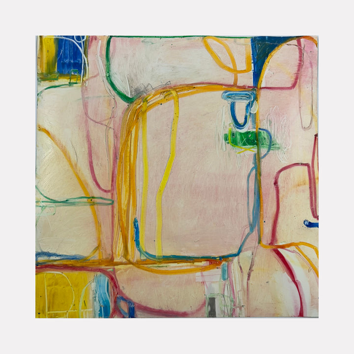 LS Series no. 19 by Janice La Motta features abstract curved lines in vibrant yellow, blue, green, and pink against a soft cream background. The oil stick artwork on Yupo creates fluid, gestural marks that intersect and flow across the 9x9 inch surface, suggesting organic movement and spatial depth.