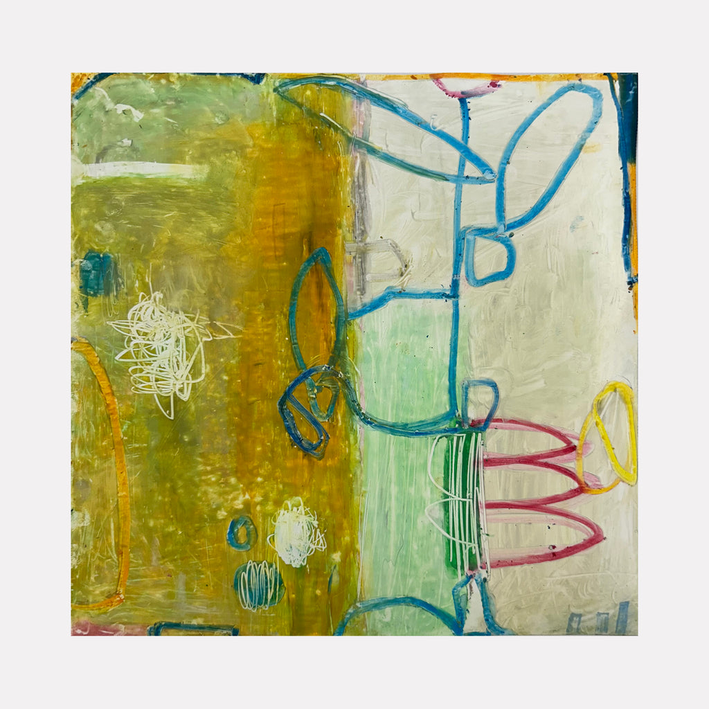 The artwork 'LS Series no. 3' by Janice La Motta features abstract linear elements in blue and pink against a split composition of mustard yellow and cream white backgrounds. Gestural marks and scribbled forms create dynamic movement across the Yupo surface, with oil stick medium creating varied textures and translucent effects in a 9x9 inch format.