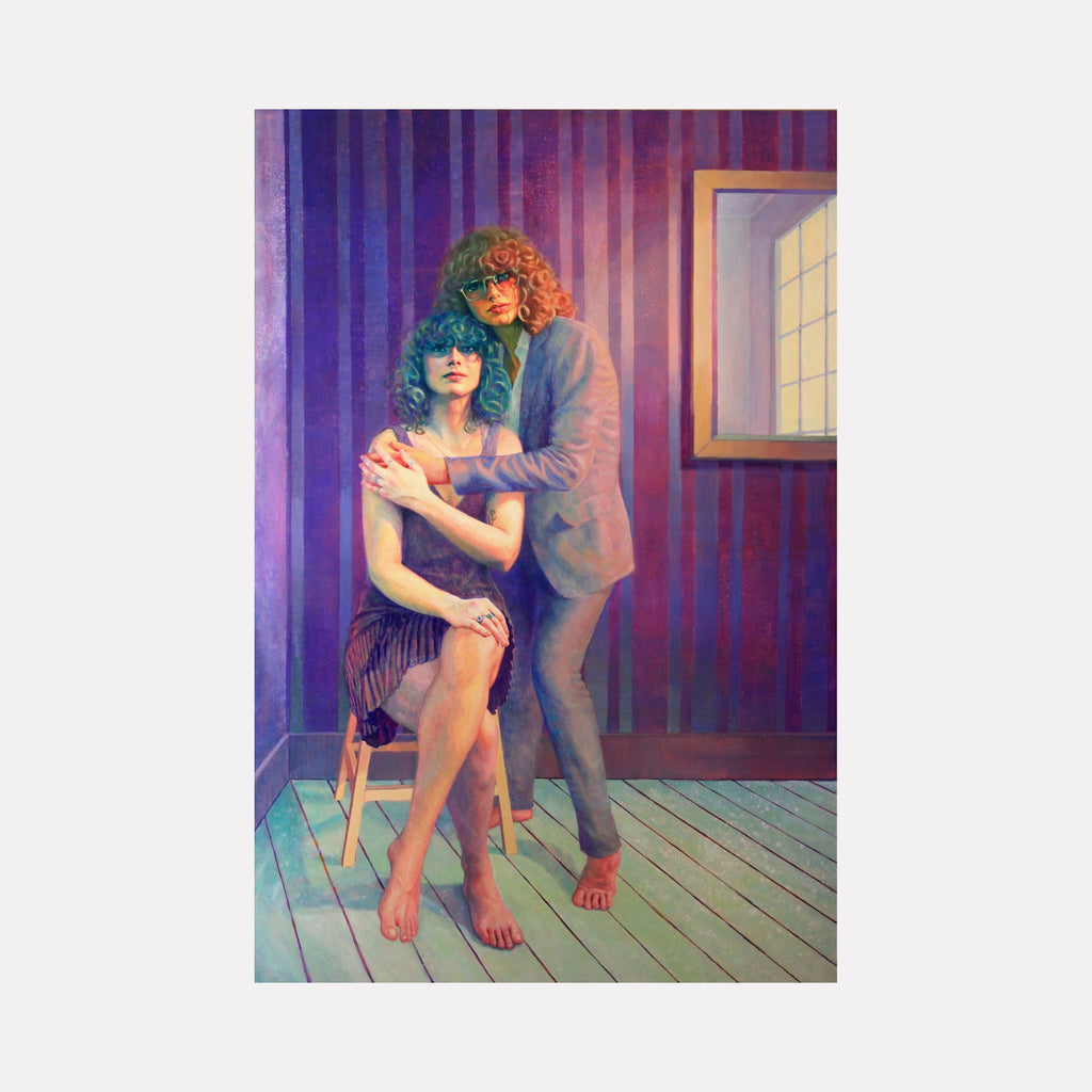 The artwork 'Orlando' by Elody Gyekis depicts two figures in an interior scene with dramatic purple and pink lighting. The oil painting features a wooden floor, window frame, and vertical striped wall treatment. The composition uses rich jewel tones and atmospheric lighting to create a dreamlike quality on the 72x48 inch canvas by Elody Gyekis.