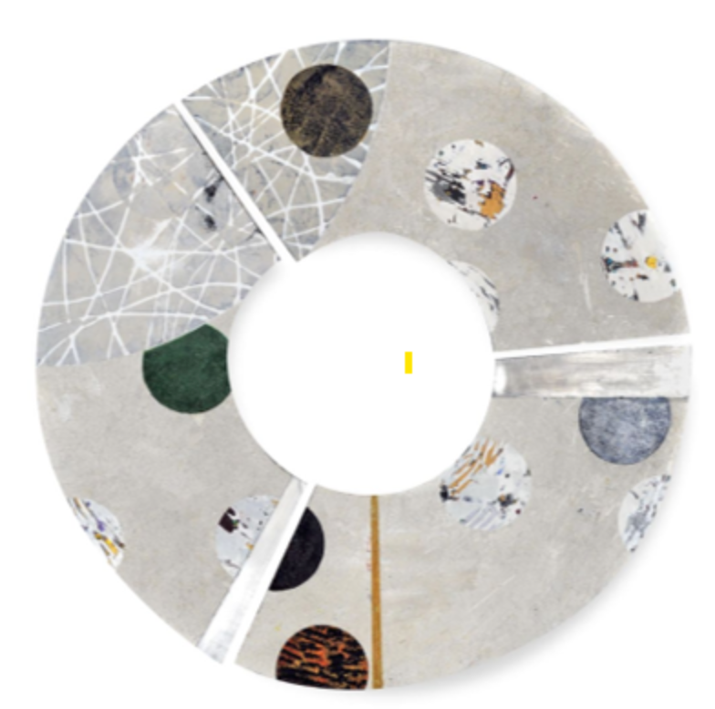 The artwork 'Convex' by Francie Hester features a circular composition with intersecting geometric patterns on a light gray background. Abstract circles in deep green, navy blue, and black dot the surface, while delicate white linear elements create a web-like texture. The piece, divided into three aluminum segments, combines acrylic and cold wax techniques, creating a subtle, ethereal effect. Art by Francie Hester.