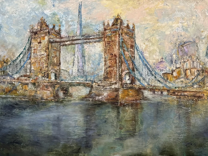 The artwork 'Tower Bridge' by Rita BasuMallick captures London's iconic landmark in impressionistic style, featuring muted browns and blues. The oil painting depicts the bridge's gothic towers and suspension cables reflected in the Thames River, with a misty cityscape backdrop rendered in soft pastels and textured brushstrokes.