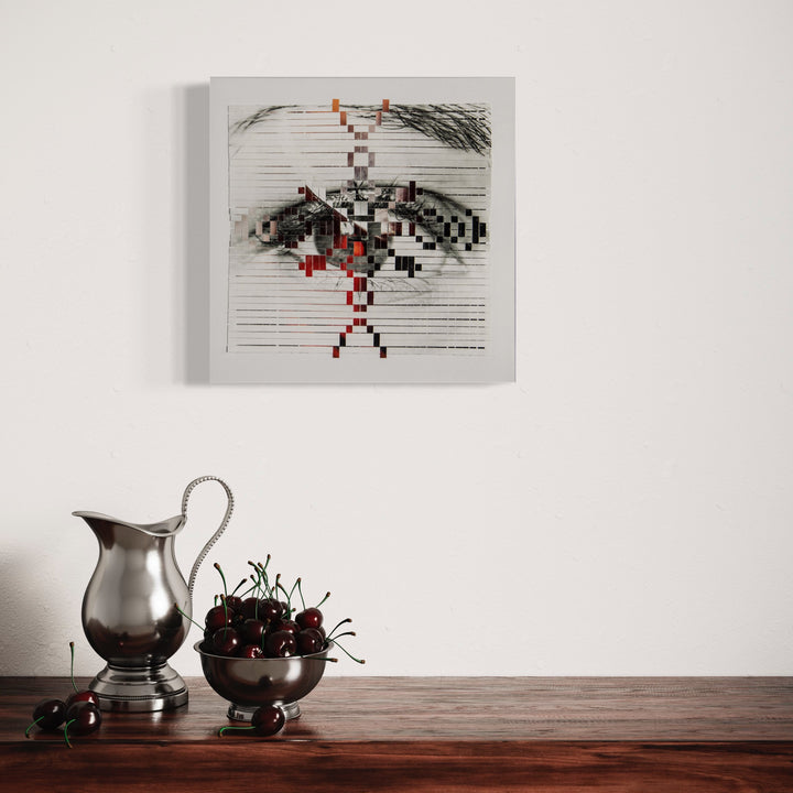 The artwork 'Afternoon Tea' by Kiana Honarmand features a pixelated geometric pattern in black, white, and red, crafted through hand-cut and woven giclee prints. The design creates an abstract butterfly or moth-like form against a white background, with intricate horizontal lines and scattered red accents throughout the 16x16 inch composition by Kiana Honarmand.