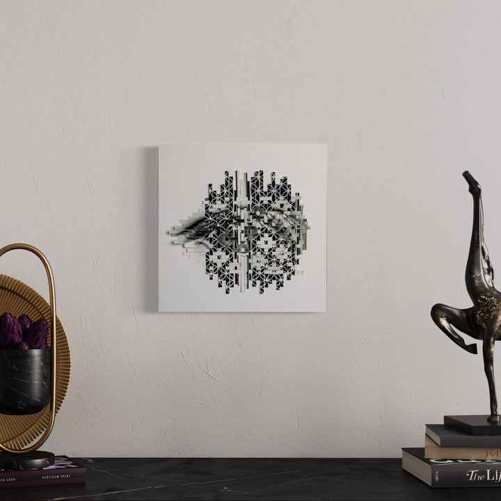 The artwork 'Bolted' by Kiana Honarmand features an intricate black and white geometric composition with vertical and horizontal lines creating a burst-like pattern. Hand-cut and woven giclee prints form an abstract design resembling mechanical or architectural elements radiating from a central point on a clean white background.