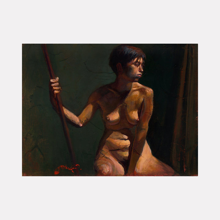 The artwork 'Fille Avec Un Baton' by JaeMe Bereal depicts a figure holding a wooden staff against a dark emerald background. The composition features warm amber and sienna tones in an expressive acrylic painting style, with dramatic lighting creating bold shadows and highlights across the form. The 12x16 inch artwork demonstrates masterful brushwork and atmospheric depth.