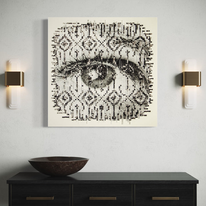 The artwork 'Imminent' by Kiana Honarmand features a striking monochromatic composition depicting a realistic eye with intricate geometric patterns. Hand-cut and woven giclee prints create a mesmerizing mosaic effect in black and white, with vertical linear elements intersecting Persian-inspired motifs. The 28x28 inch piece combines traditional and contemporary artistic techniques.