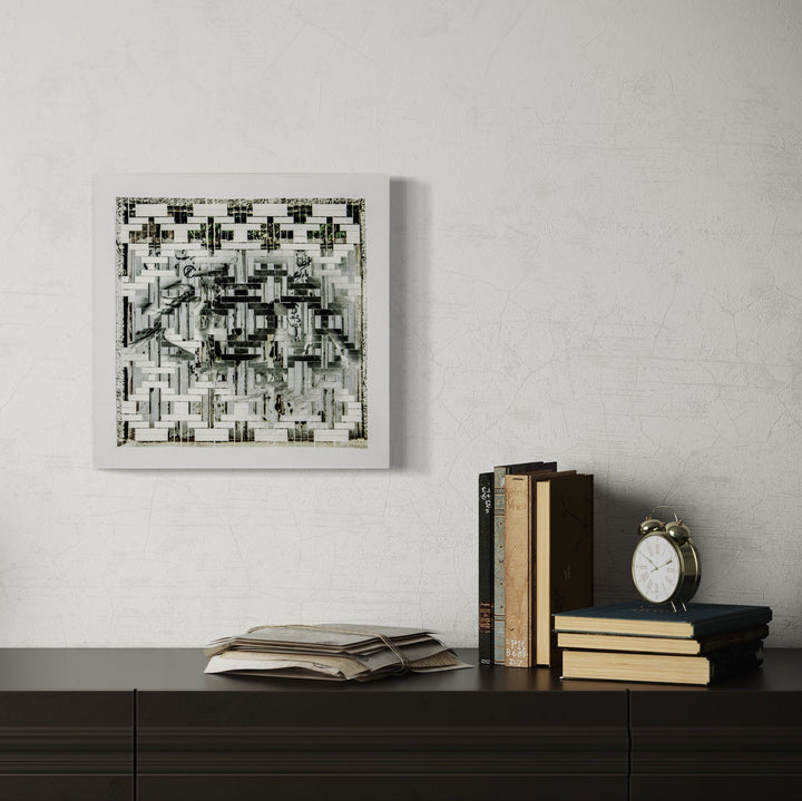 The artwork 'Marks Left by the Years' by Kiana Honarmand features an intricate geometric pattern in black and white, created through hand-cut and woven giclee prints. The abstract composition displays a complex grid of intersecting lines and shapes, creating depth and texture against a white background, mounted in a minimalist square frame. By Kiana Honarmand