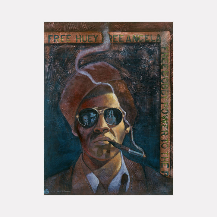 The artwork 'Free Huey' portrays a figure wearing aviator sunglasses and a brown beret against a deep teal background, with stylized text at the top. The acrylic painting features bold brushstrokes, rich earth tones, and dramatic lighting, capturing a powerful portrait in a 20x16 inch canvas. By JaeMe Bereal.