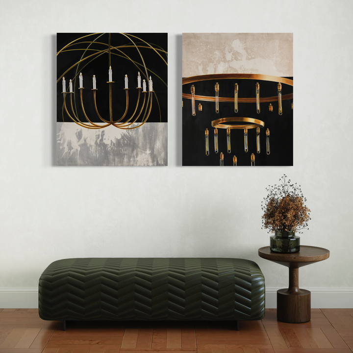 The artwork 'As Above So Below' by Sandra Mack-Valencia features a striking diptych of modern chandeliers rendered in gold and white against contrasting black and grey backgrounds. The two-panel composition showcases elegant curves and circular forms, with suspended candle-like elements creating a harmonious geometric pattern. Acrylic on wood panel creates rich textural depth and luminous metallic effects.