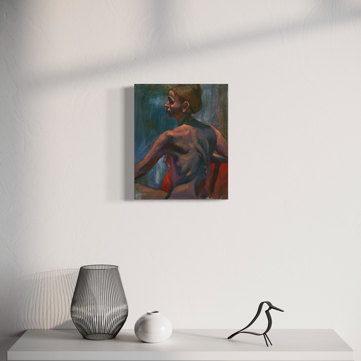 The artwork 'Girl with Blue Back' features a back view figure against a deep blue background, rendered in expressive brushstrokes on canvas. The lithograph captures the interplay of warm and cool tones, with soft shadows creating depth. Displayed with minimalist decor including a geometric vase and bird ornament. By JaeMe Bereal.