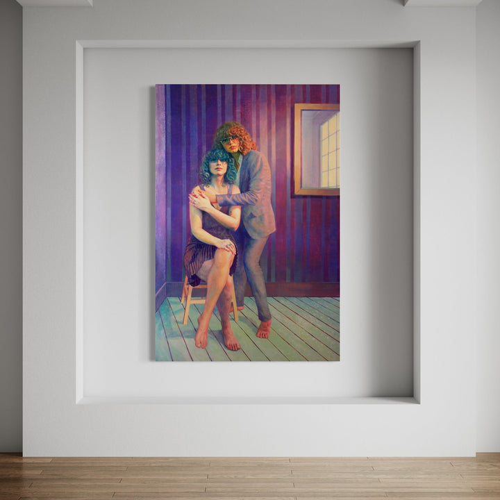 The artwork 'Orlando' depicts two figures in an intimate scene on a wooden floor, bathed in ethereal purple and warm lighting. The composition features dramatic shadows, vertical striped wallpaper, and a distant window. Rich color palette of purples, blues, and warm tones create a dreamy, romantic atmosphere. Oil on canvas, 72x48 inches by Elody Gyekis.