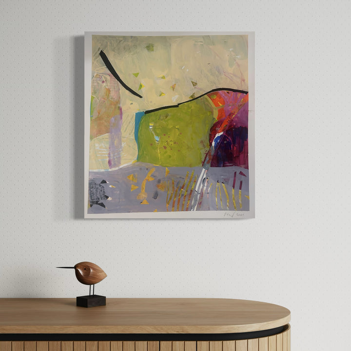 The artwork 'Abstract 06.24' by Owen Brown features vibrant color blocks including lime green, deep burgundy, and soft yellow, with bold black curved lines creating dynamic movement across the composition. The acrylic painting on watercolor paper showcases an abstract landscape-like formation with delicate textural elements and spontaneous brushstrokes merging into a harmonious modern composition by Owen Brown.