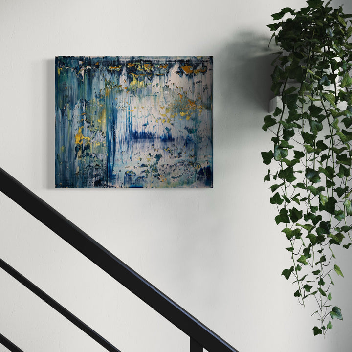 A photo of the artwork Abstract indigo 1, by Harry Moody, hanging on a wall.