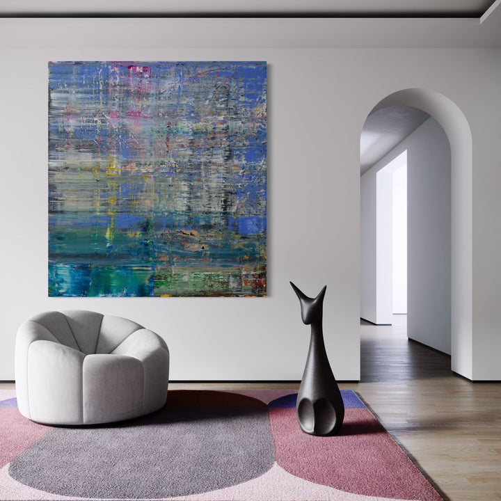 A photo of the artwork Abstract sky blue with grey, by Harry Moody, hanging on a wall.