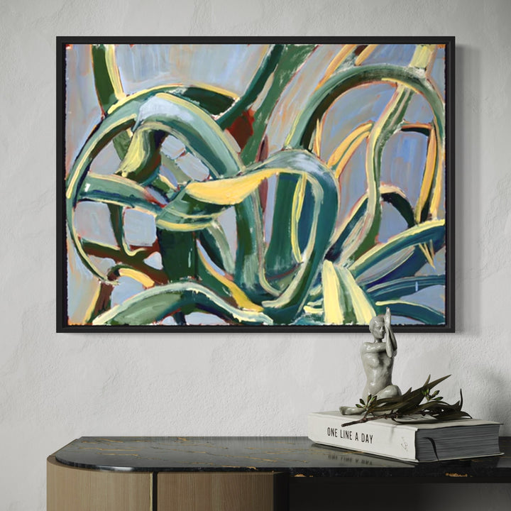 The artwork 'Agave Boom' by Cristi Lyon features a dynamic abstract representation of an agave plant with sweeping brushstrokes in shades of deep green, pale blue, and golden yellow. Bold, curved lines create a modern interpretation of succulent leaves, painted in expressive oil technique on paper, showcasing the plant's natural movement and organic form in a 30x22 inch composition by Cristi Lyon.