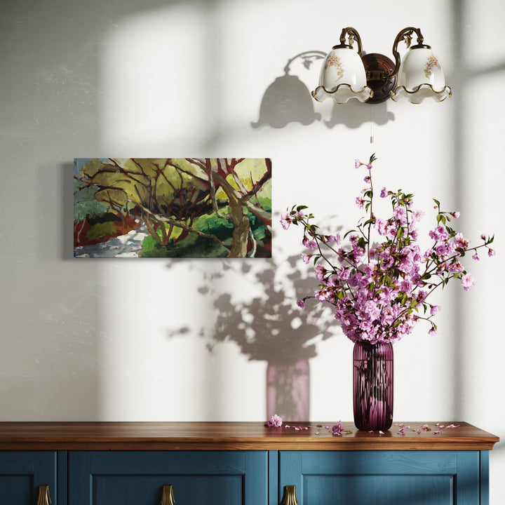 The artwork 'Arboretum' by Marianne Barcellona features an impressionistic woodland scene rendered in oil on wood panel. The painting captures intertwining branches and foliage in rich earthy greens and browns, creating a dynamic natural composition. Natural light filters through the dense canopy, suggesting depth and movement in the 10x20 inch horizontal landscape.